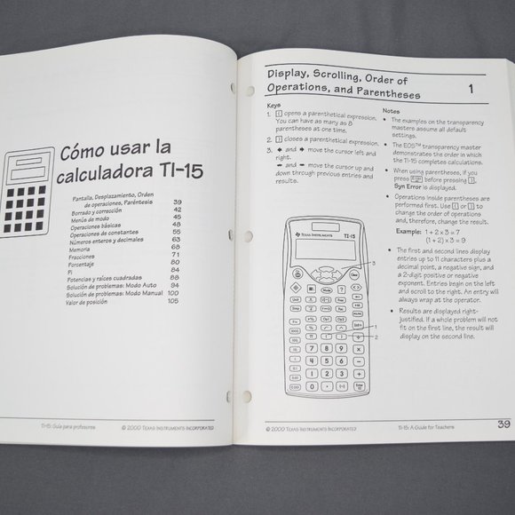 Texas Instruments TI-15 Calculator Teachers Guide Workbook English Spanish 2000 - Picture 10 of 15